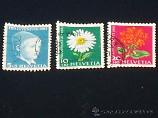 Sellos: LOTE DE 3 SELLOS HELVETIA CON MATASELLOS , &rdquo; PRO JUVENTUTE 1963 &rdquo;