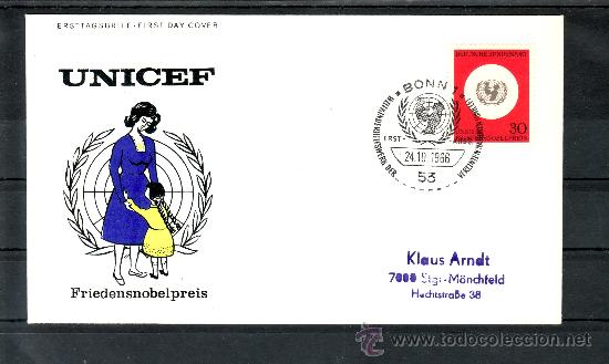Francobolli: alemania-federal  384 primer dia bonn 1/53, u.n.i.c.e.f. premio nobel de la paz