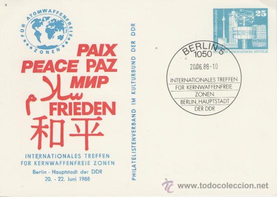 Timbres: ALEMANIA DEMOCRATICA. ENTERO POSTAL. MATASELLOS ESPECIAL. REUNION INT. ZONA LIBRE ARMAS NUCLEARES