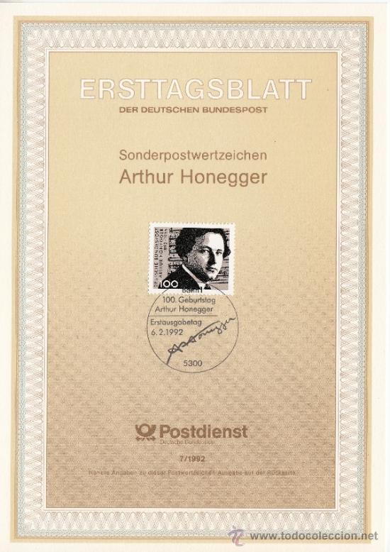 Selos: alemania-federal 1423 etb primer dia, musica, cent&ordm; nacimiento compositor arthur honegger