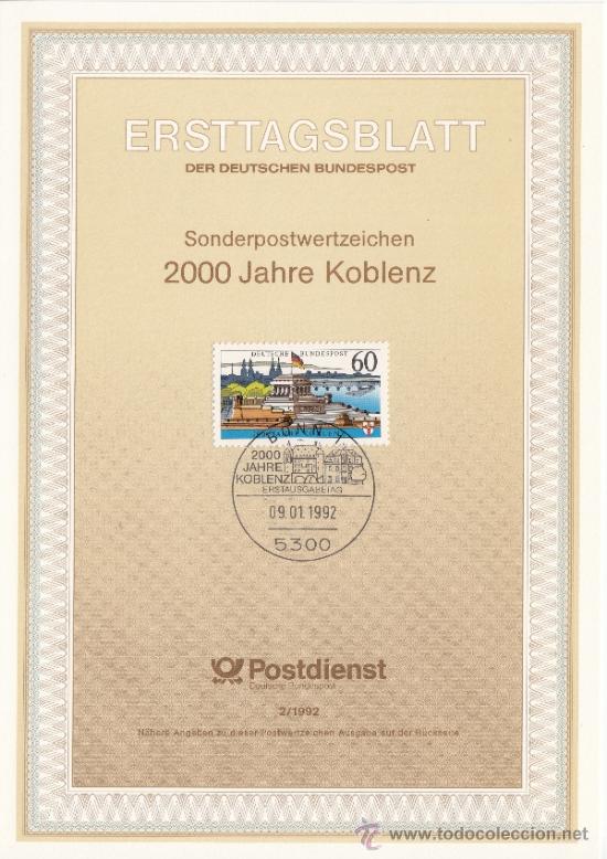 Briefmarken: alemania-federal 1415 etb primer dia, banderas, bimilenario de la ciudad koblenz
