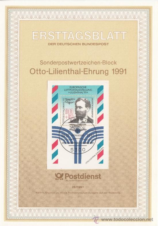 Sellos: alemania-federal hb 23 etb primer dia, avion, cent&ordm; primer vuelo de otto lilienthal
