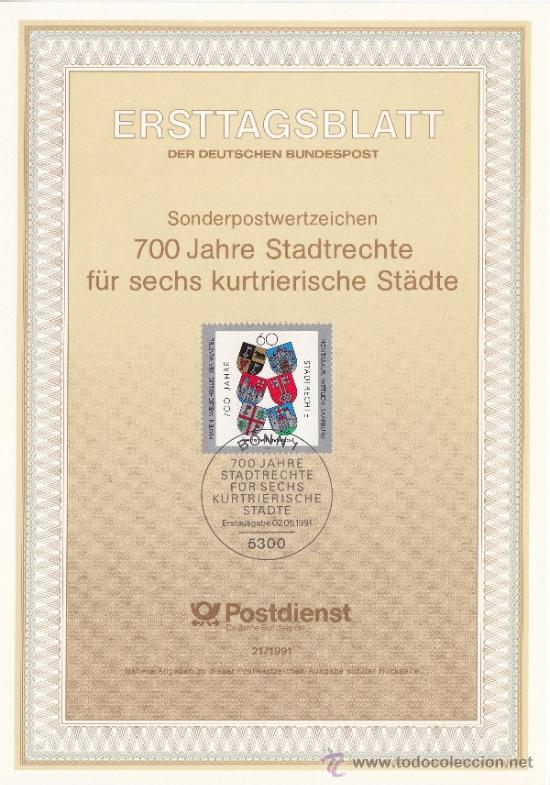 Briefmarken: alemania-federal 1360 etb primer dia, escudos, 700 aniv&ordm; los derechos de las 6 ciudades