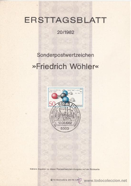 Timbres: alemania-federal  981 etb primer dia, quimica, centenario muerte del quimico friedrich wohler,