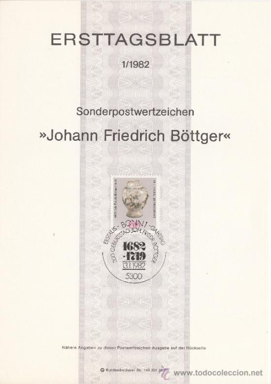Sellos: alemania-federal  950 etb primer dia, porcelana meissen, 300 aniv&ordm; johann friedrich bottger