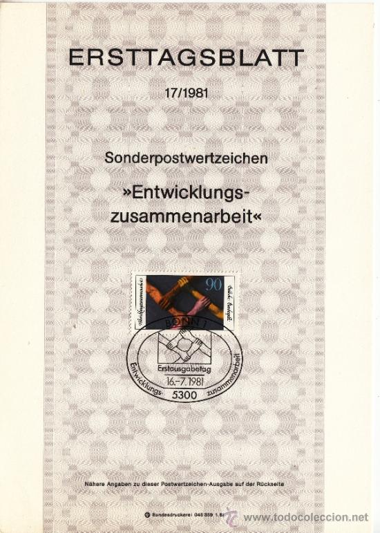 Briefmarken: alemania-federal  935 etb primer dia, cooperacion para desarrollo con paises del tercer mundo
