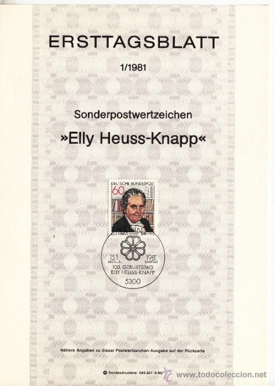 Selos: alemania-federal  914 etb primer dia, cent&ordm; elly heuss-knapp, fundadora obra madres familia