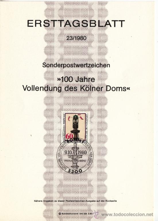 Francobolli: alemania-federal  910 etb primer dia, centenario de la terminacion de la catedral de colonia