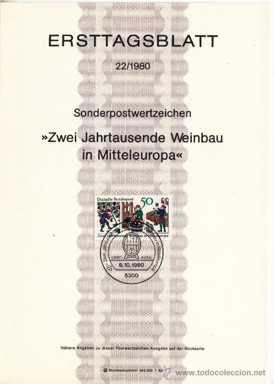 Timbres: alemania-federal 909 etb primer dia, vinos, bicentenario viticultura en europa central