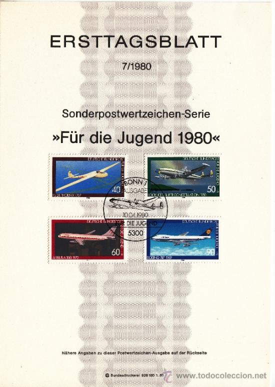 Sellos: alemania-federal  888/91 etb primer dia, avion, aviacion,