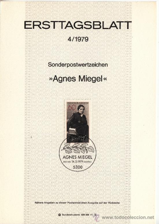 Timbres: alemania-federal  844 etb primer dia, literatura, centenario agnes miegel, mujer de letras,