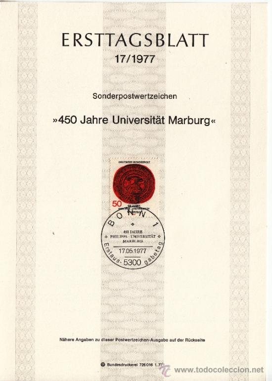 Timbres: alemania-federal  786 etb primer dia, 450 aniv&ordm; de la universidad de marbourg