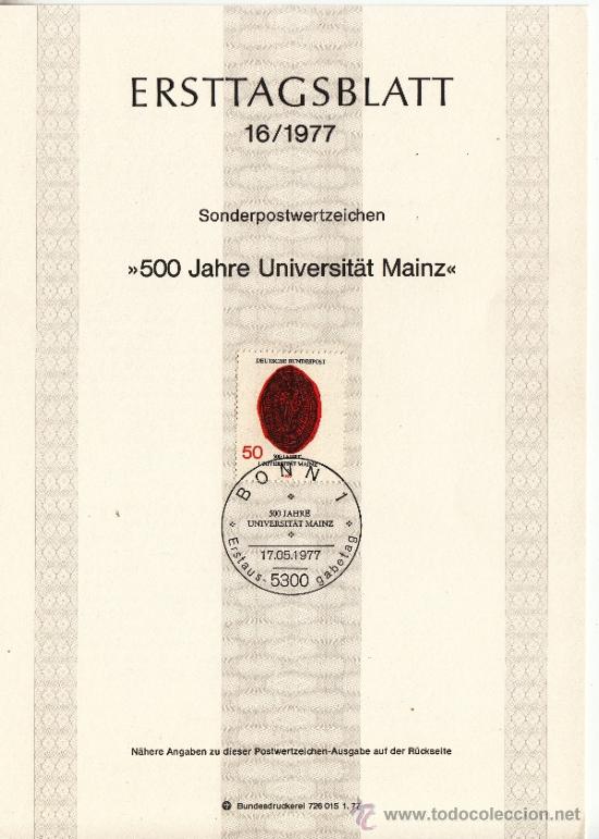 Sellos: alemania-federal  785 etb primer dia, v centenario universidad de maguncia