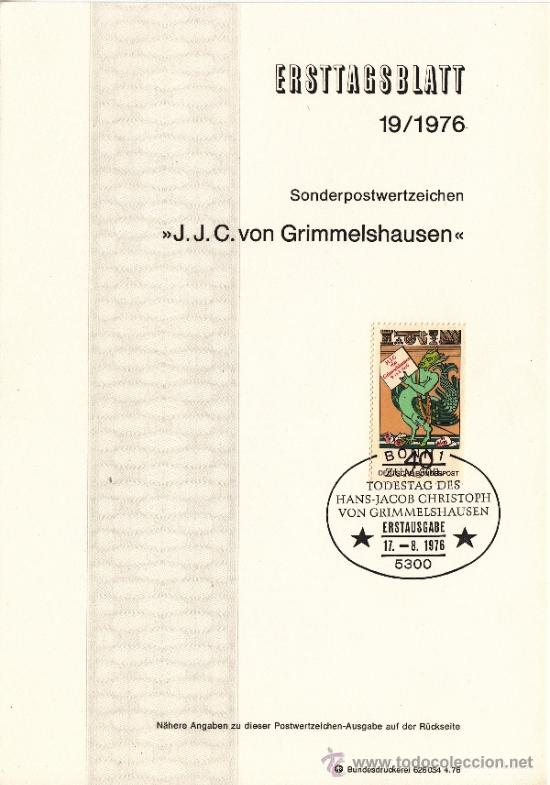 Briefmarken: alemania-federal  751 etb primer dia, III cent&ordm; muerte del cuentista johann jacob christophe grimmel