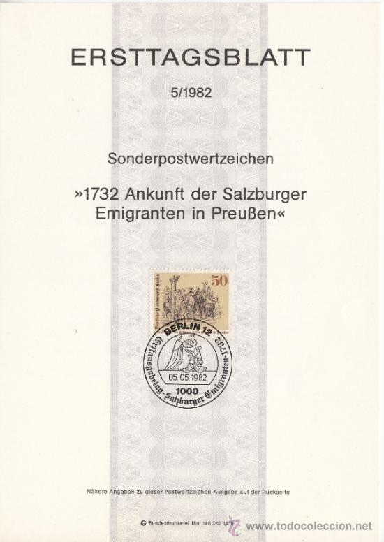 Sellos: alemania-berlin 628 etb primer dia, 150 aniv&ordm; llegada de emigrantes de Salzburgo a prusia