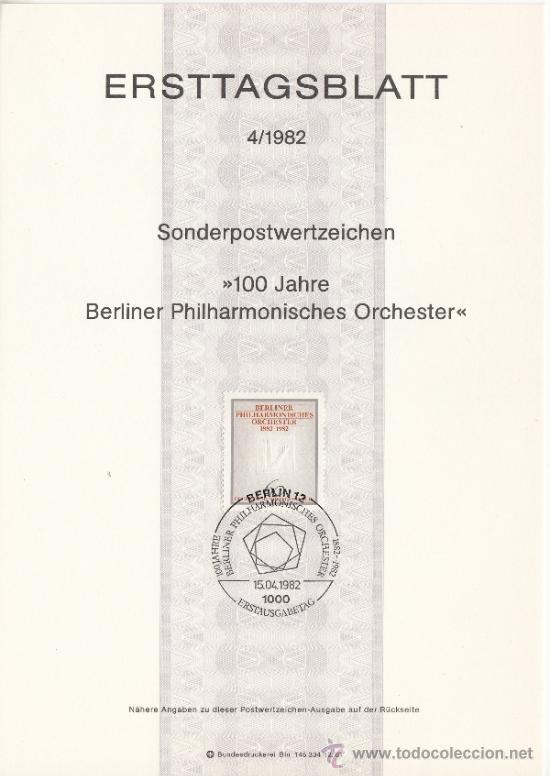 Briefmarken: alemania-berlin 627 etb primer dia, musica, centenario de la orquesta filarmonica de berlin