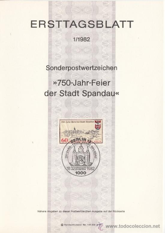 Francobolli: alemania-berlin 620 etb primer dia, 750 aniv&ordm; de la ciudad de spandau