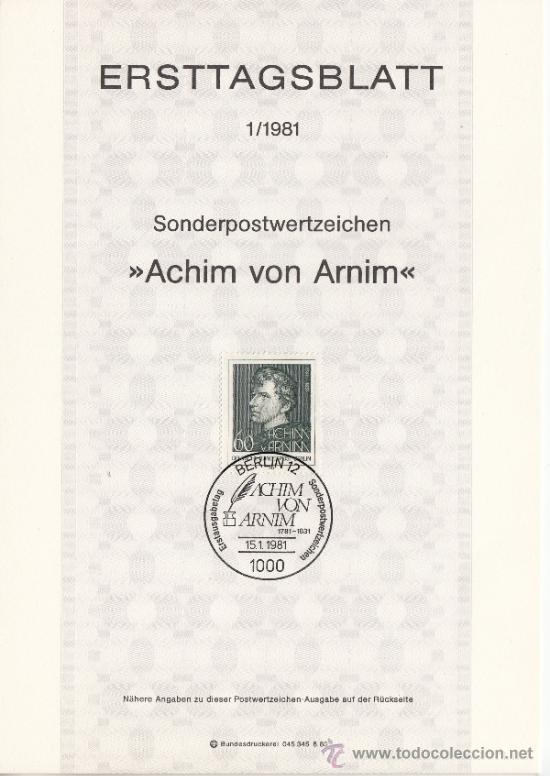 Stamps: alemania-berlin 598 etb primer dia, literatura, 200 aniv&ordm; poeta ludwiig joachim von arnim