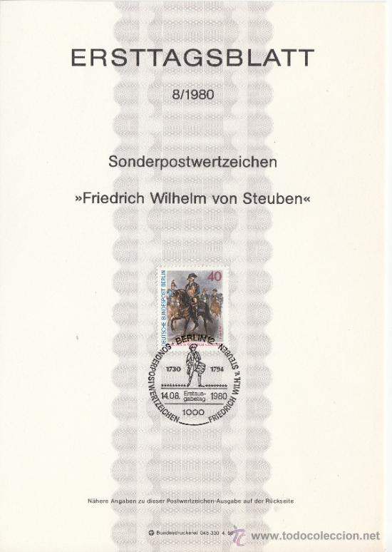 Briefmarken: alemania-berlin 589 etb primer dia, militar, 250 aniv&ordm; nacimiento del general friedrich wilhelm steu