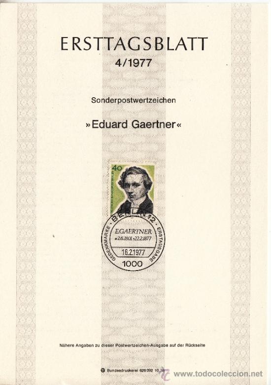 Briefmarken: alemania-berlin 504 etb primer dia, cent&ordm; muerte del arquitecto y pintor eduard gaertner