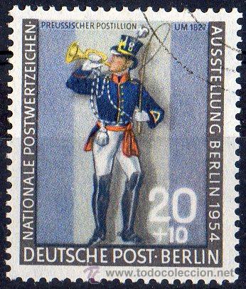 Sellos: ALEMANIA BERL&Iacute;N A&Ntilde;O 1954 YV 107&ordm;&ordm; = LUJO = EXPOSICI&Oacute;N FILAT&Eacute;LICA NACIONAL UNIFORMES DE CORREOS