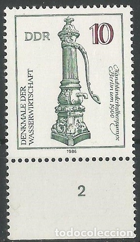 Sellos: ALEMANIA - ORIENTAL - 10 PFENNIG 1986 - MONUMENTO A LA INDUSTRIA DEL AGUA, NUEVO Y CON BORDE ABAJO