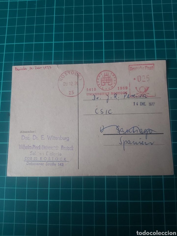 Sellos: ROSTOCK UNIVERSIDAD MATASELLO RODILLO 1976 DIRIGIDO A SANTIAGO COMPOSTELA CSIC