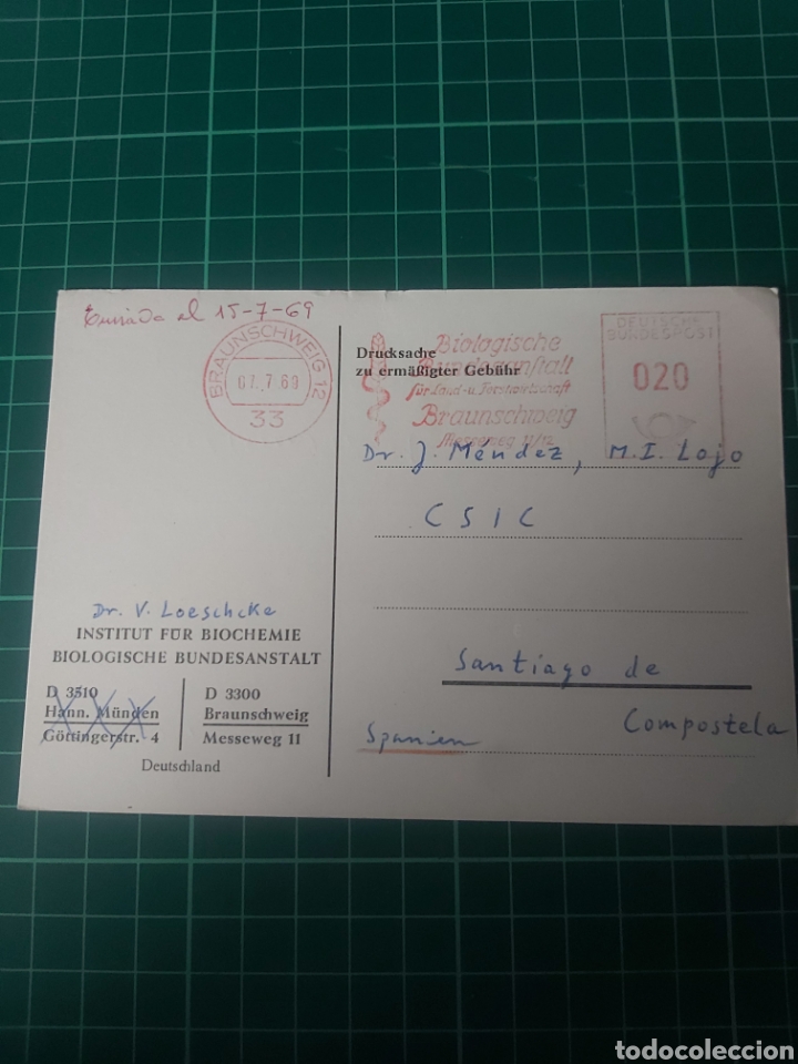 Briefmarken: 1969 INSTITUTO BIOLOG&Iacute;A BRAUNSCHWEIG MATASELLO RODILLO DESTINO SANTIAGO DE COMPOSTELA CSIC