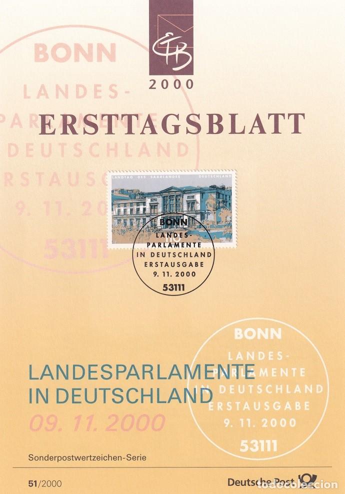 Sellos: Ersttagsblatt 51/2000 Bon / Landesparlamente in Deutschland - Saarbr&uuml;cken (Sarre) &middot; Parlamento de ..