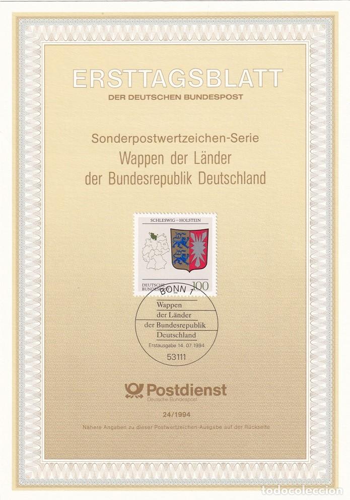 Briefmarken: Ersttagsblatt 24/1994 Bon / Wappen der L&auml;nder der Bundesrepublik Deutschland - Schleswig-Holstein ..
