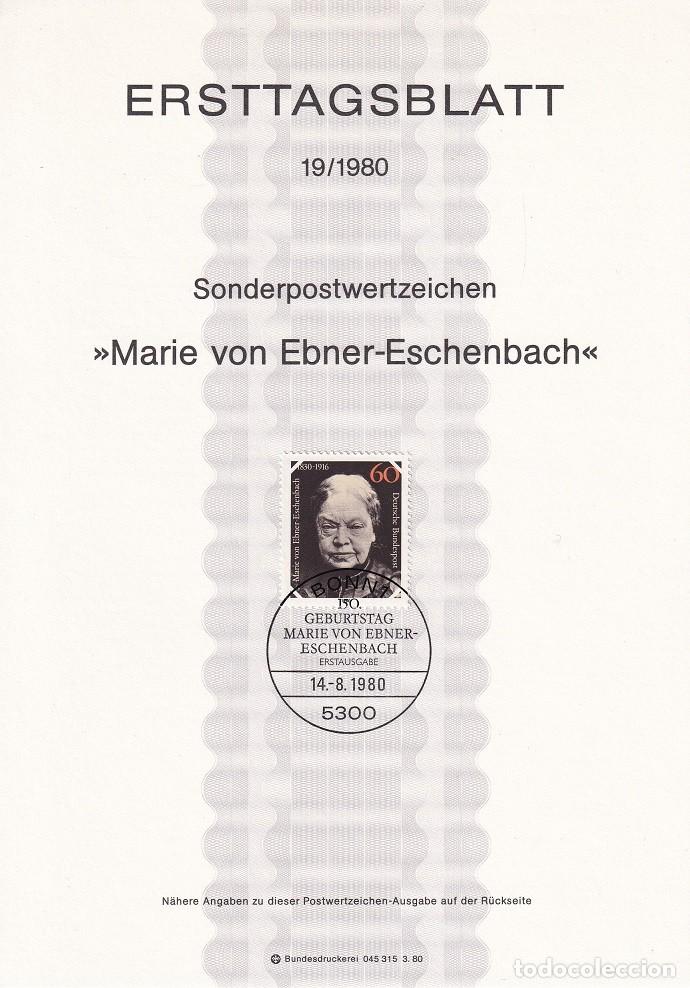 Sellos: Ersttagsblatt 19/1980 Bon / Marie von Ebner-Eschenbach - 150 Aniv. nacimiento escritora Marie von ..