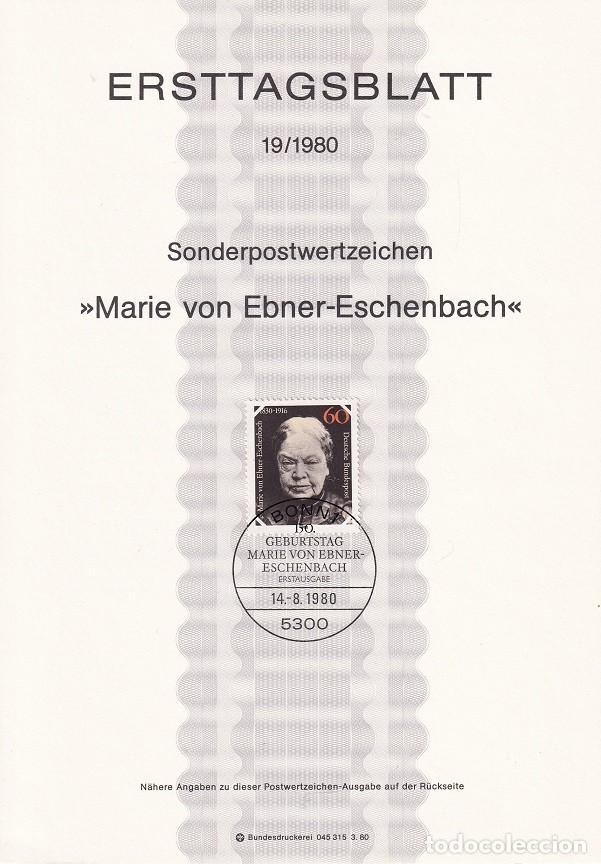 Sellos: Ersttagsblatt 19/1980 Bon / Marie von Ebner-Eschenbach - 150 Aniv. nacimiento escritora Marie von ..