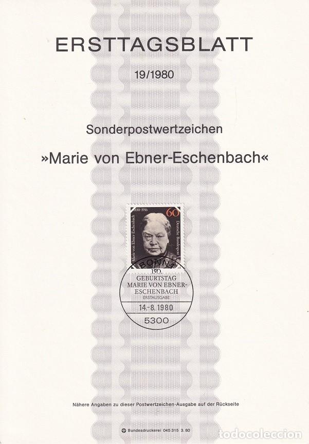 Sellos: Ersttagsblatt 19/1980 Bon / Marie von Ebner-Eschenbach - 150 Aniv. nacimiento escritora Marie von ..