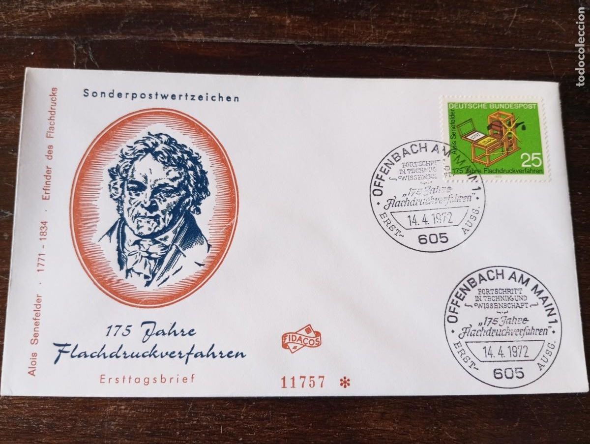 Sellos: ALEMANIA, REP&Uacute;BLICA FEDERAL, RFA,1972, IMPRENTA DE ALOIS SENEFELDER, SPD, YT 566