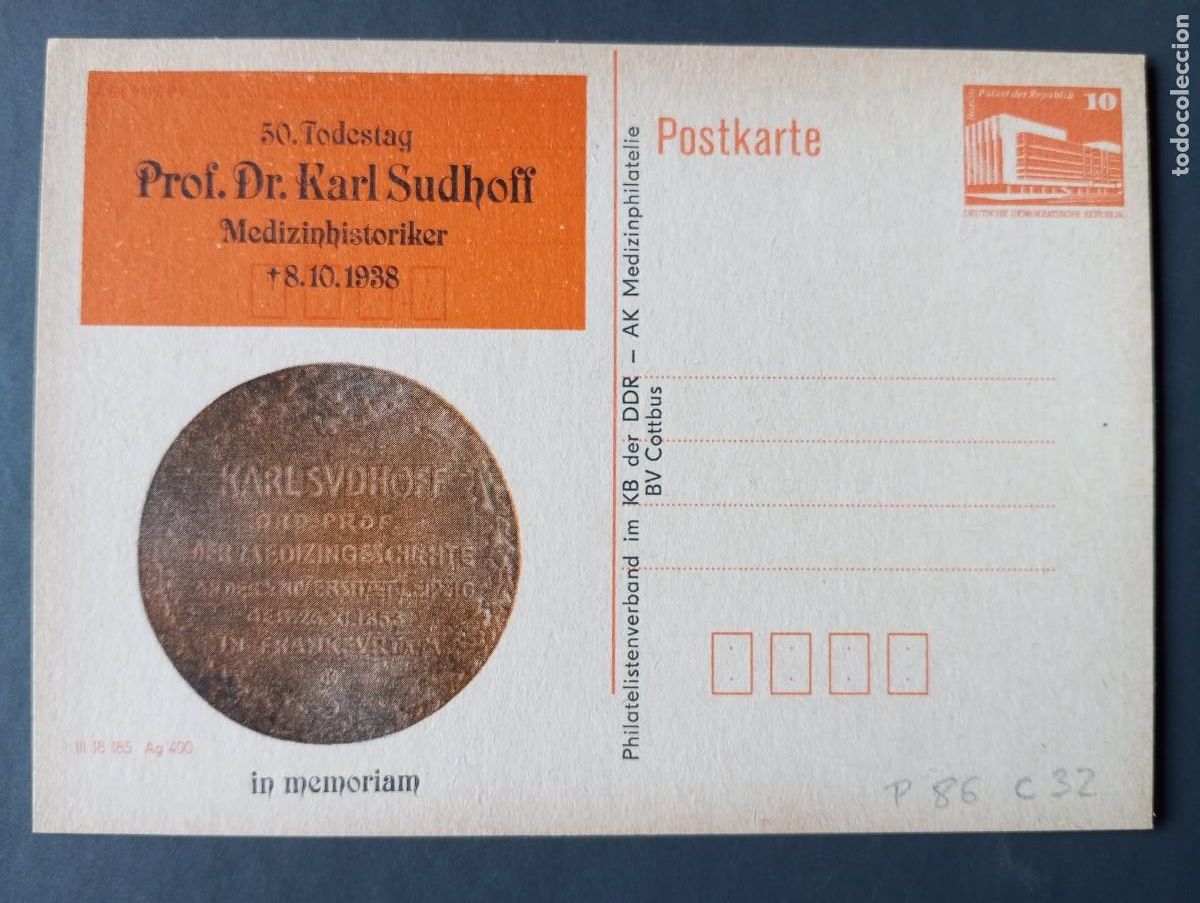 Stamps: ALEMANIA, REP&Uacute;BLICA DEMOCRATICA,RDA,DDR, 1988, DOCTOR KARL SUDHOFF, 50 ANIV EP P86 C 32.