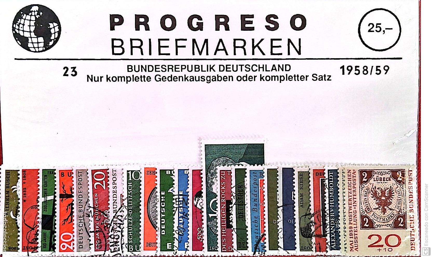 Sellos: Alemania Federal. 23 Sellos usados del a&ntilde;o 1958/59. Bandeja Progreso cerrada.
