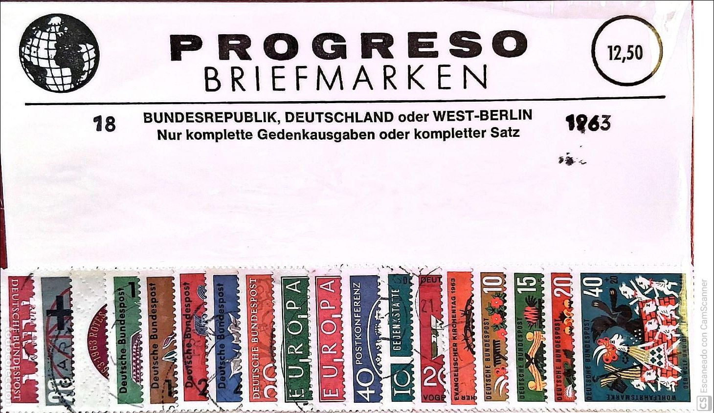Sellos: Alemania Federal. 18 Sellos usados del a&ntilde;o 1963. Bandeja Progreso cerrada.