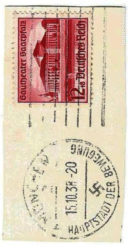 Sellos: ALEMANIA - 1938 - 12 + 8 SOBRE FRAGMENTO - MATASELLOS CRUZ GAMADA - RARO