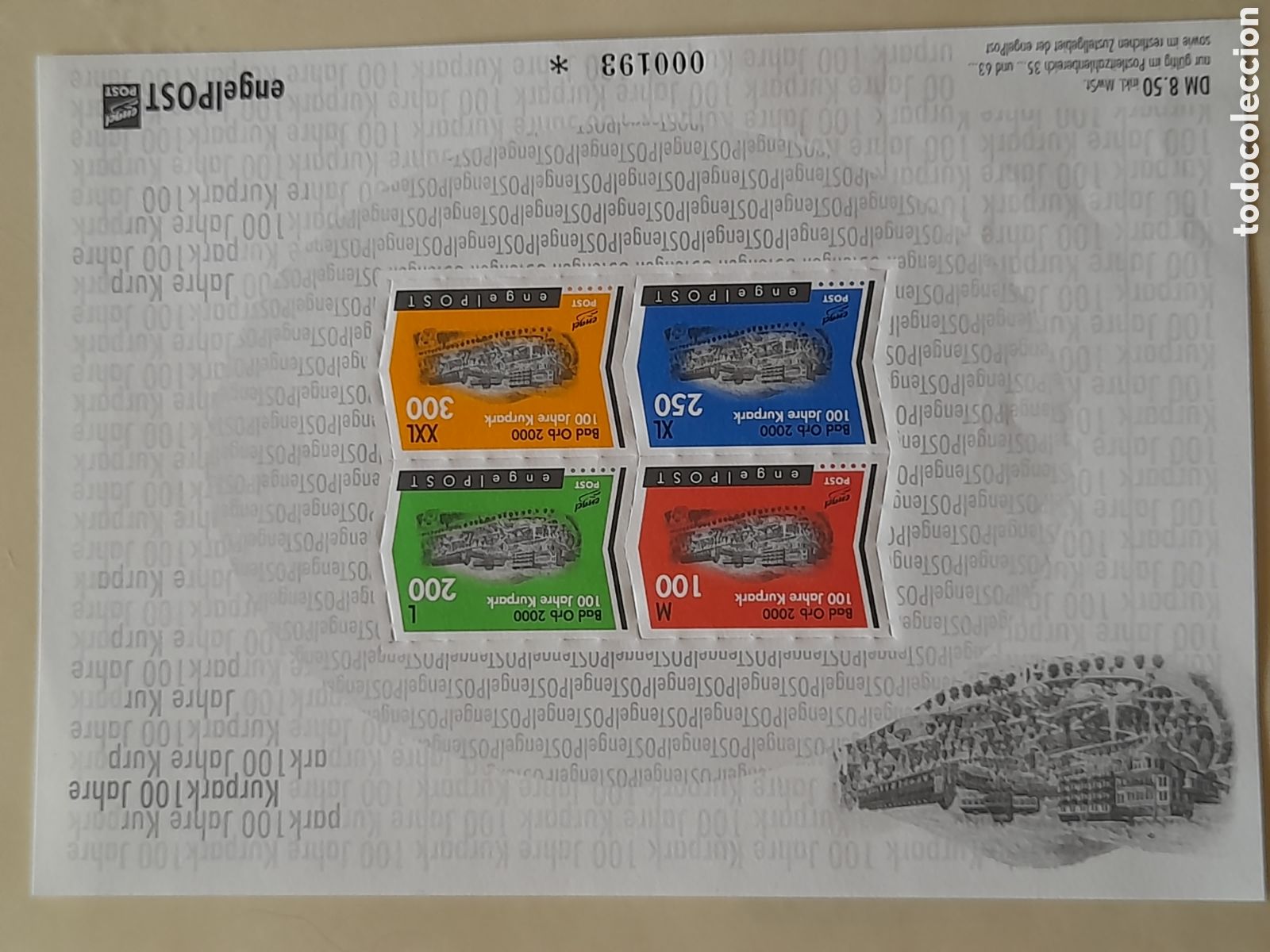 Sellos: HB Alemania, E. Local Engel nuevo 2000. 100Aniv parque. Balneario. Turismo. Salud. Arquitectura.