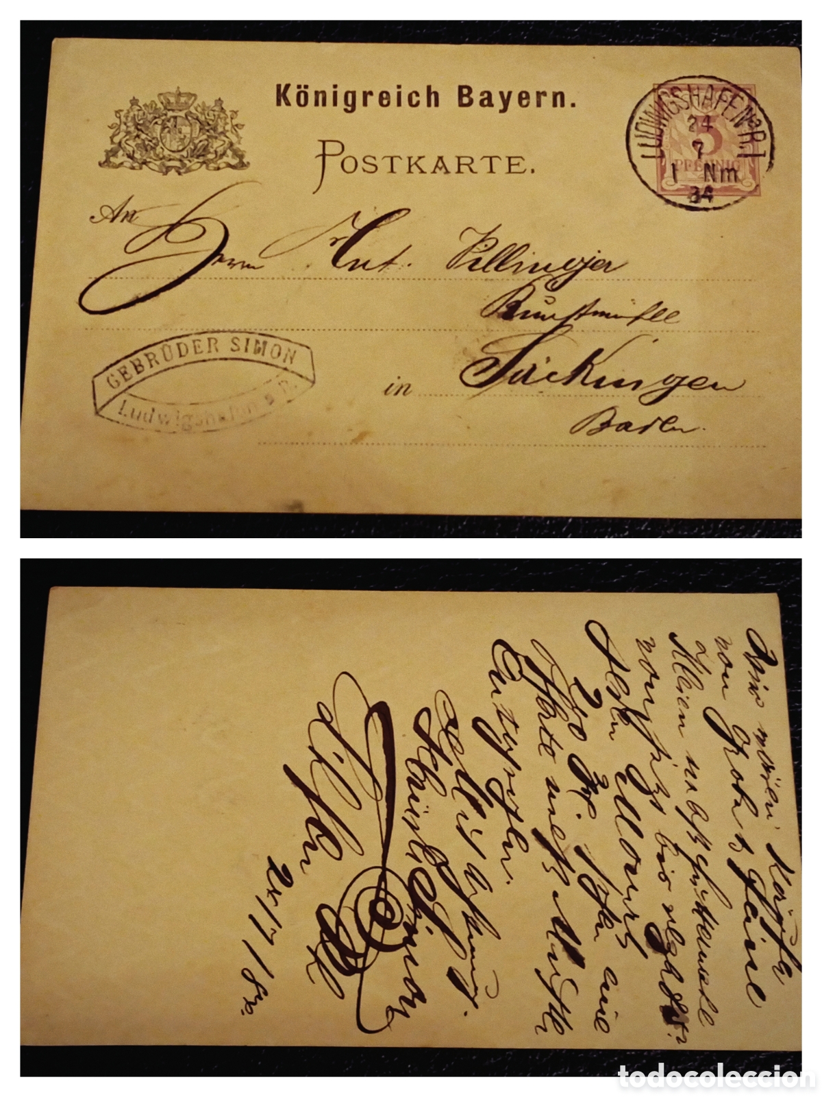 Sellos: &rdquo;Entero Postal Reino de Baviera 1884 - 3 Pf Marr&oacute;n - Matasellos Ludwigshafen&rdquo;