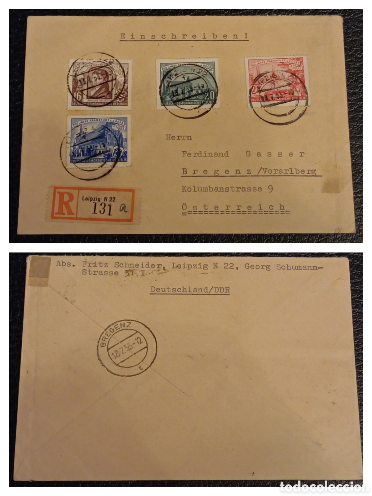 Sellos: Sobre Certificado RDA 1953: Leipzig a Bregenz (Austria) - Serie 700 a&ntilde;os Frankfurt Oder