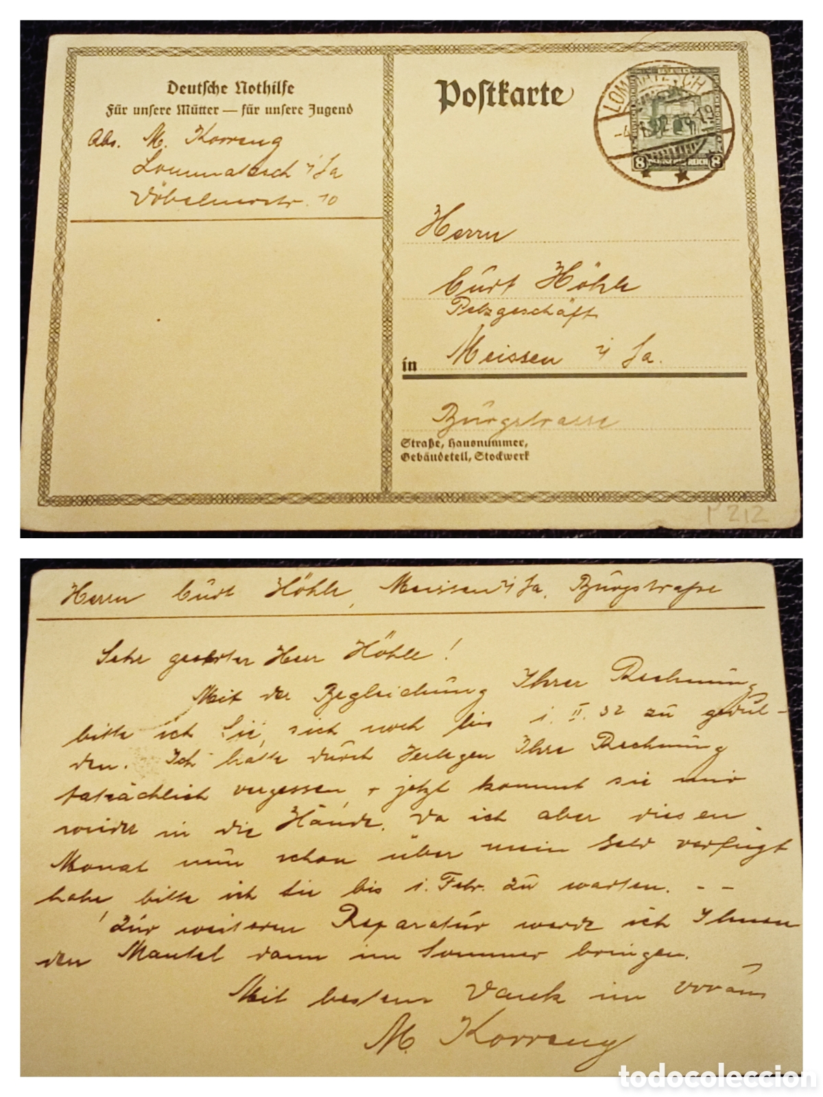 Sellos: Antigua Tarjeta Postal Alemania 1934 - Ayuda de Emergencia - Escrita y Circulada - Coleccionismo