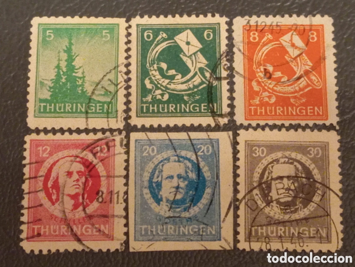 Sellos: Lote 6 Sellos Turingia 1945 - Goethe, Schiller y Corneta - MiNr. 92/99