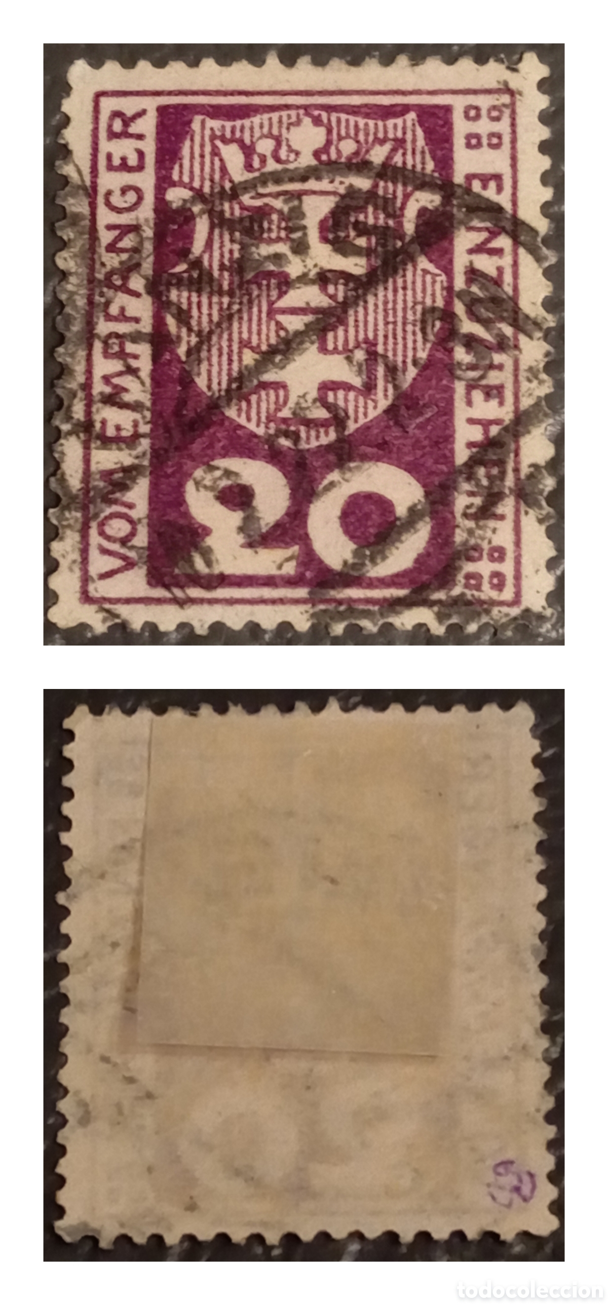 Sellos: Danzig 1923 - Sello de Tasa (Porto) 20 Marcos - Nr. Cat&aacute;logo Michel P22 - con Marquilla