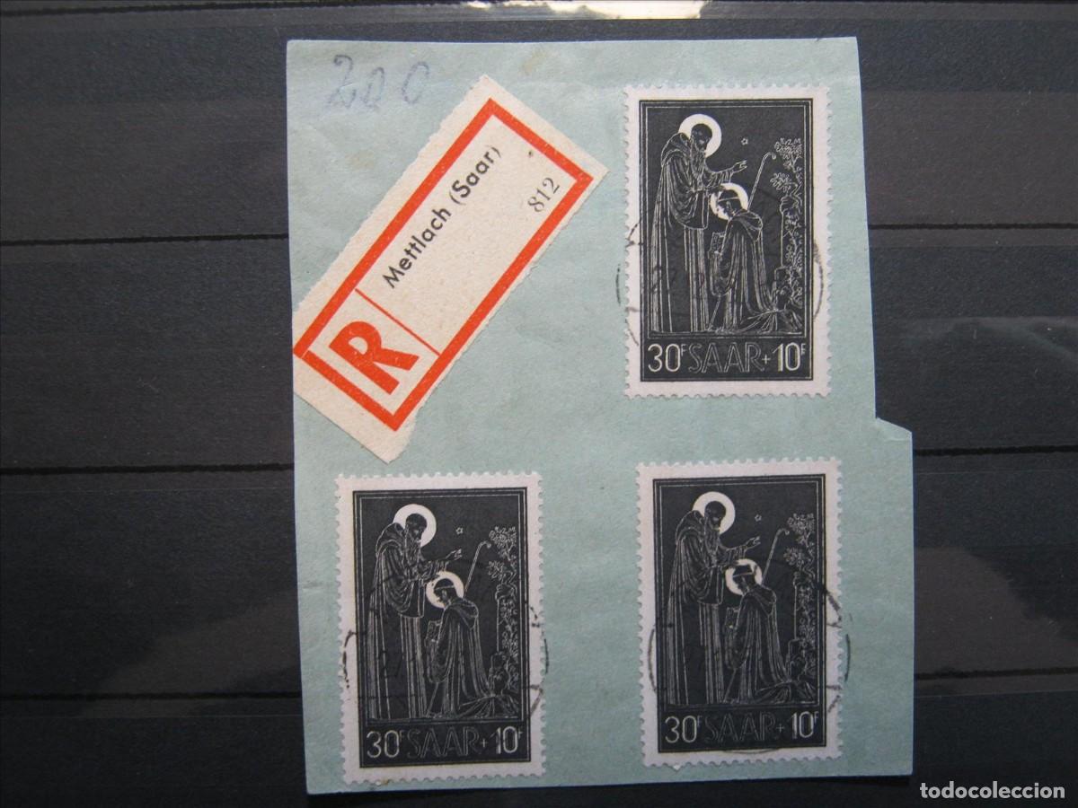Sellos: ALEMANIA SARRE SAAR 1953 YVERT 326 TRES USADOS SOBRE FRAGMENTO.