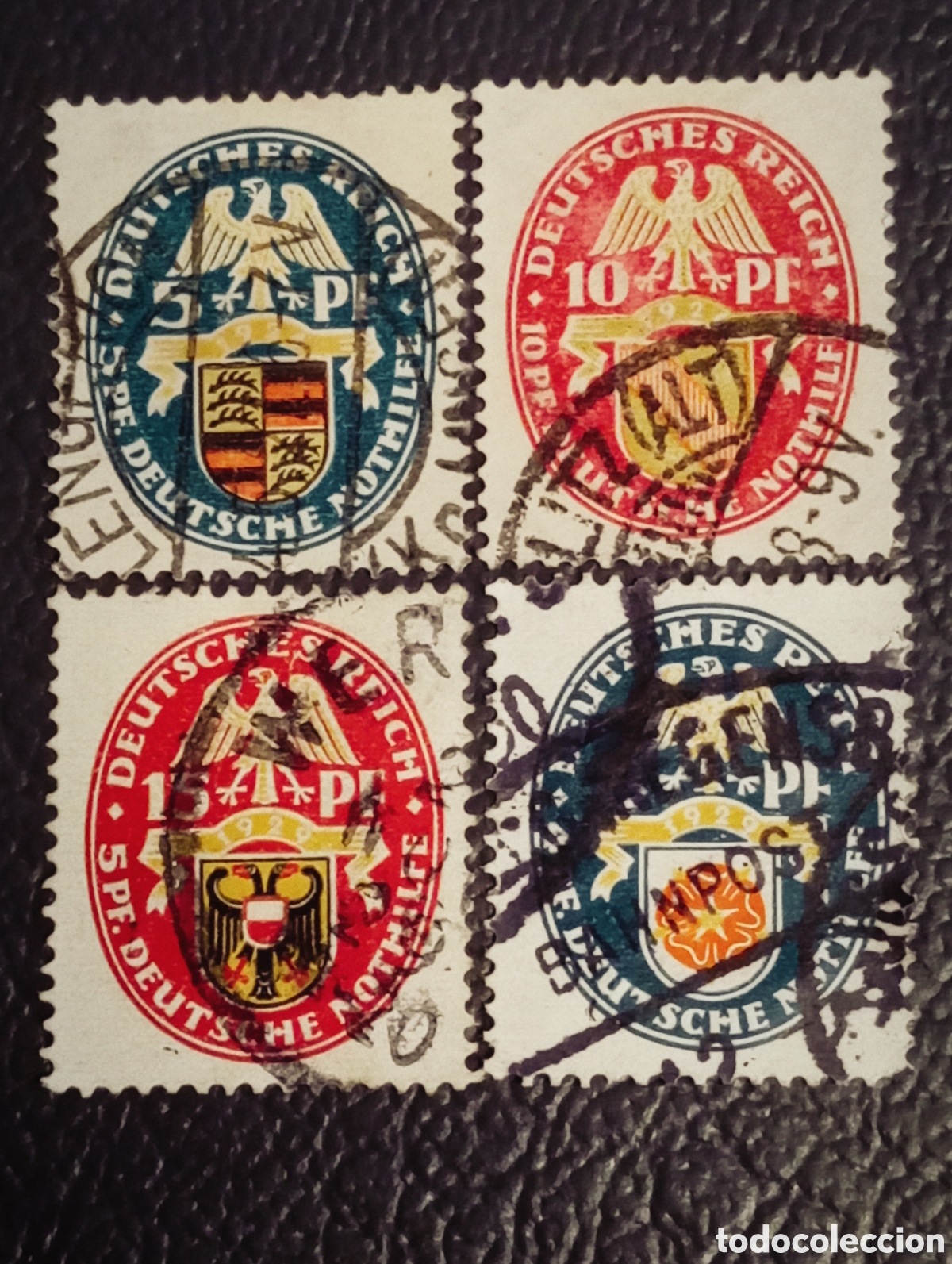 Sellos: Alemania 1925/28 - Serie Escudos Nothilfe - Usados - Valores 5, 8, 10 y 15 pf