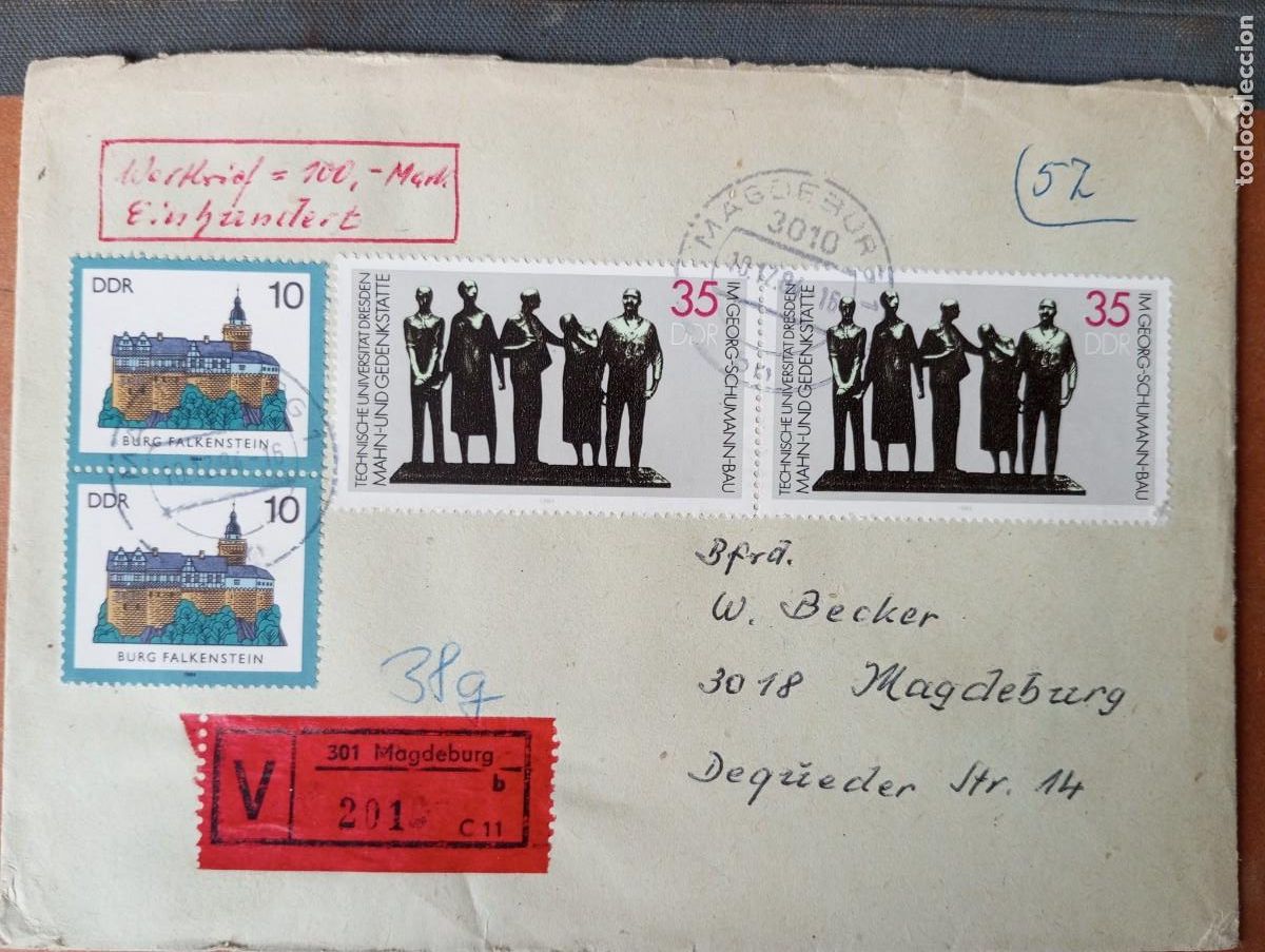 Sellos: ALEMANIA, RDA, 1990 CERTIFICADO DE MAGDEBURG, VALOR DECLARADO 100 MK