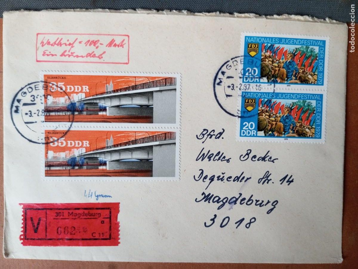 Sellos: ALEMANIA, RDA, 1987 CERTIFICADO DE MAGDEBURG, VALOR DECLARADO 100 MK