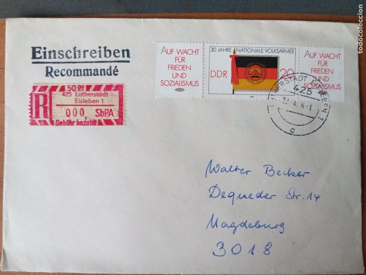 Sellos: ALEMANIA, RDA, 1986 CERTIFICADO DE LUTHERSTADT EINSLEBEN, ETIQUETA MUY RARA. VER DESCRIPCI&Oacute;N