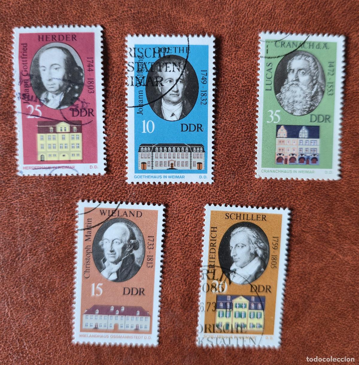Sellos: Alemania 1973- 5 sellos figuras hist&oacute;ricas notables asociadas con Weimar, Alemania